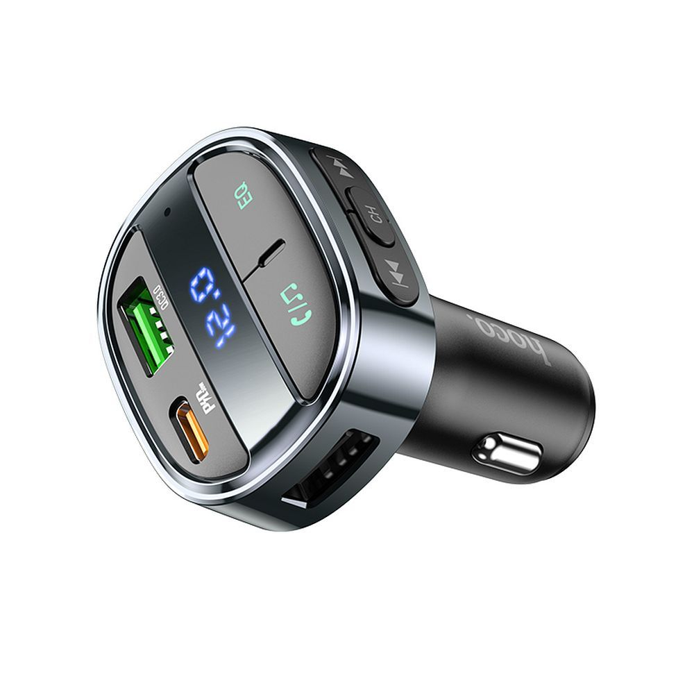 Încărcător Auto Hoco USB-A + Type-C cu Afișaj Digital și Transmițător FM BT PD QC 3.0 5A 30W E70, Negru Obsidian [4]