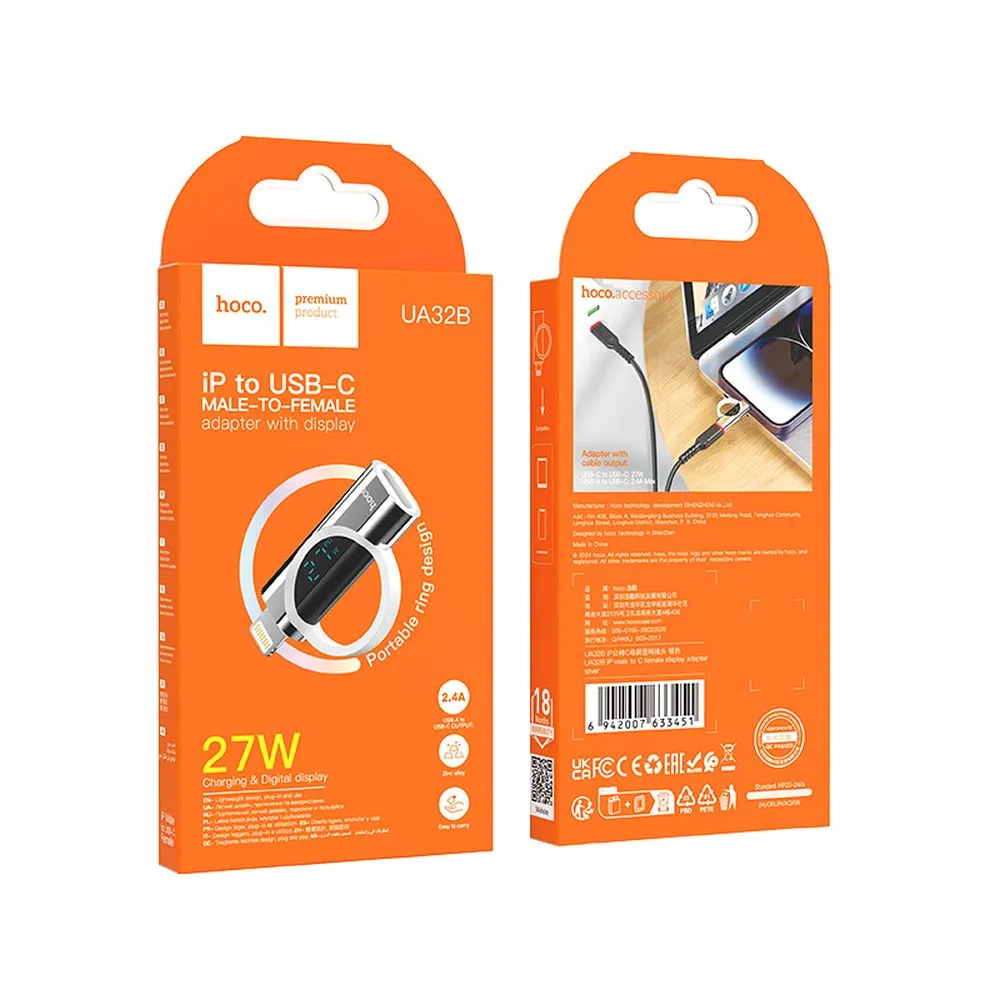 Adaptor Hoco Lightning M/F la Type-C F, cu Display Digital 24A 27W, Argintiu [3]