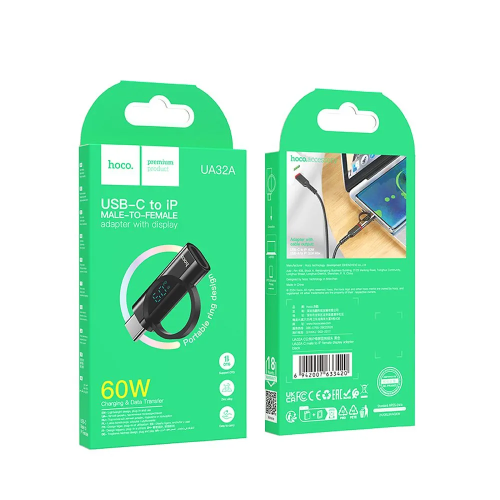 Adaptor Hoco Type-C M la Lightning F, cu Display Digital 3A 60W, UA32A, Negru [2]