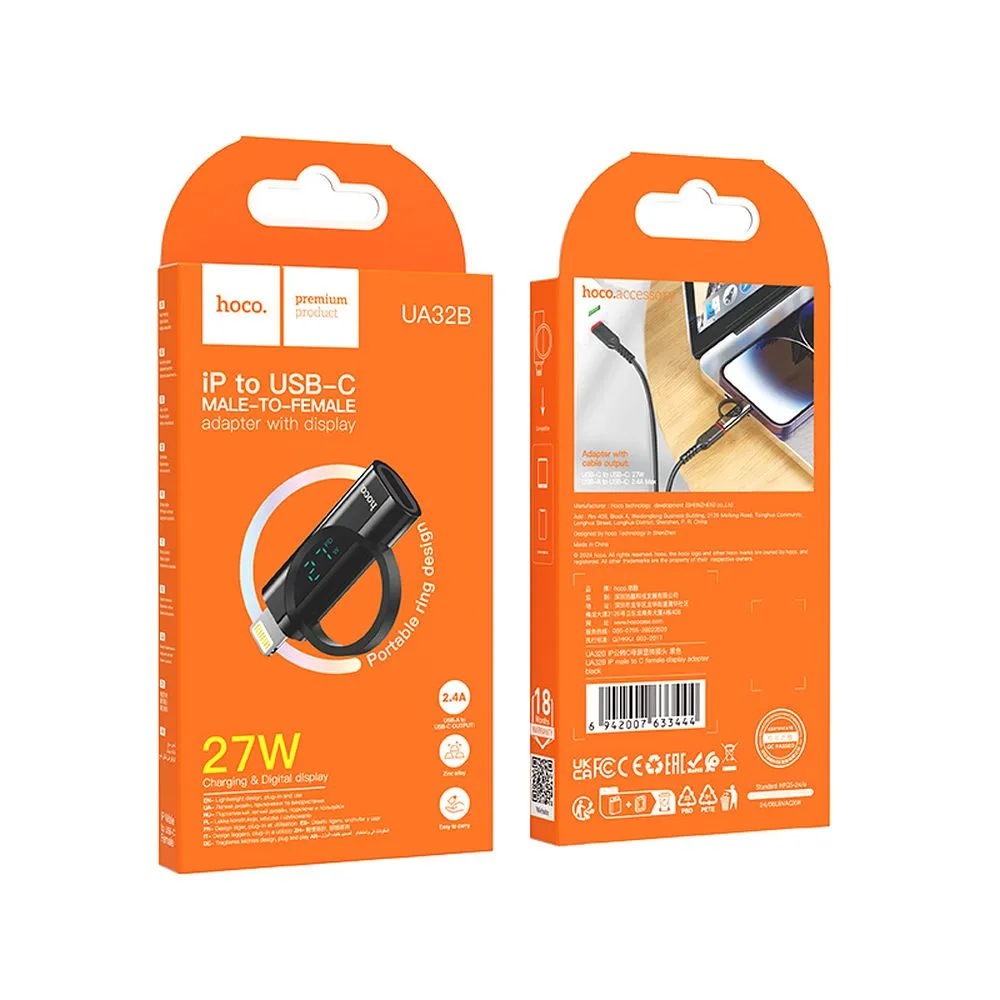 Adaptor Hoco UA32B, Lightning (m) - Type-C (f), Afișaj Digital, 2.4A, 27W, Negru [5]