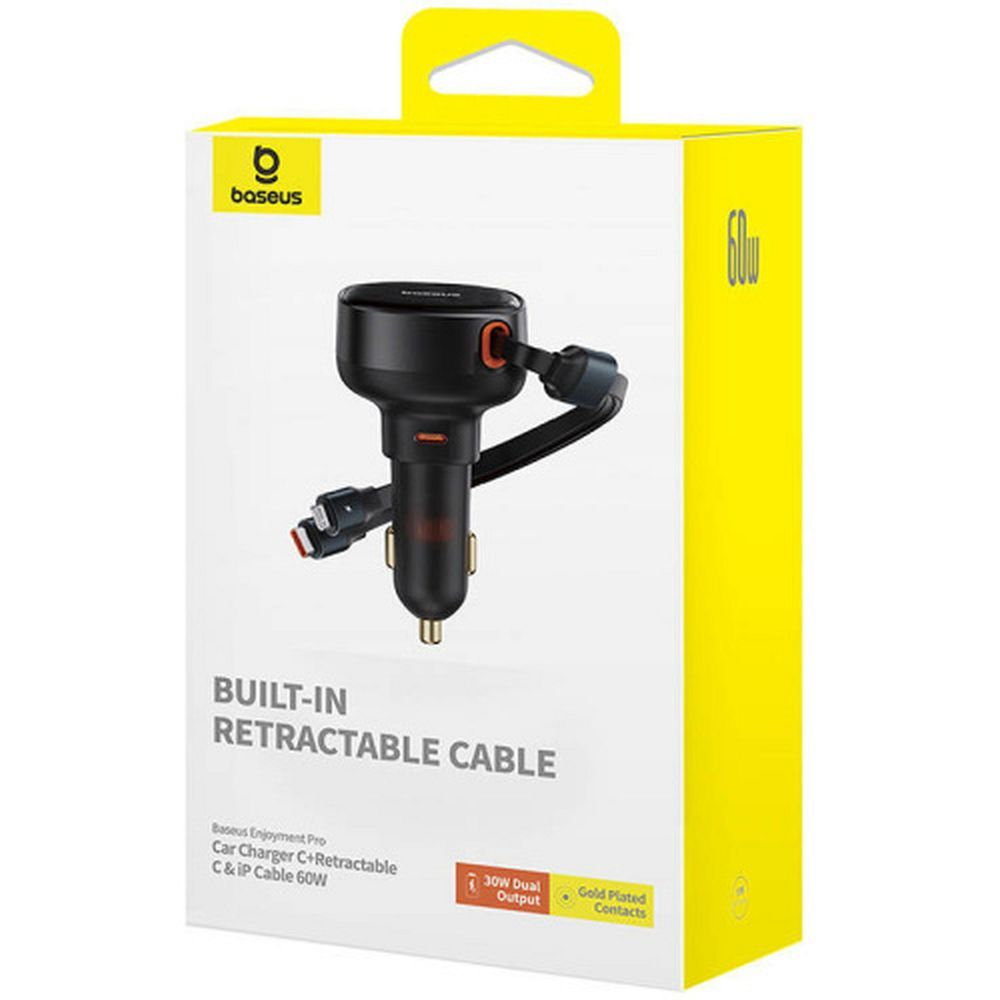 Baseus Încărcător Auto USB-C + Cablu Retractabil 2 în 1 Type-C / Lightning, PD30W + QC4.0, 60W, Negru [6]