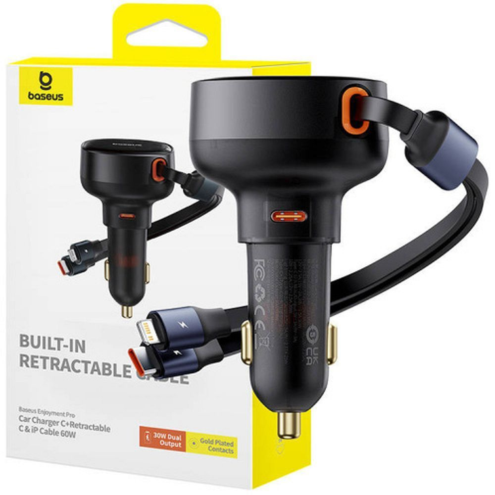 Baseus Încărcător Auto USB-C + Cablu Retractabil 2 în 1 Type-C / Lightning, PD30W + QC4.0, 60W, Negru [5]