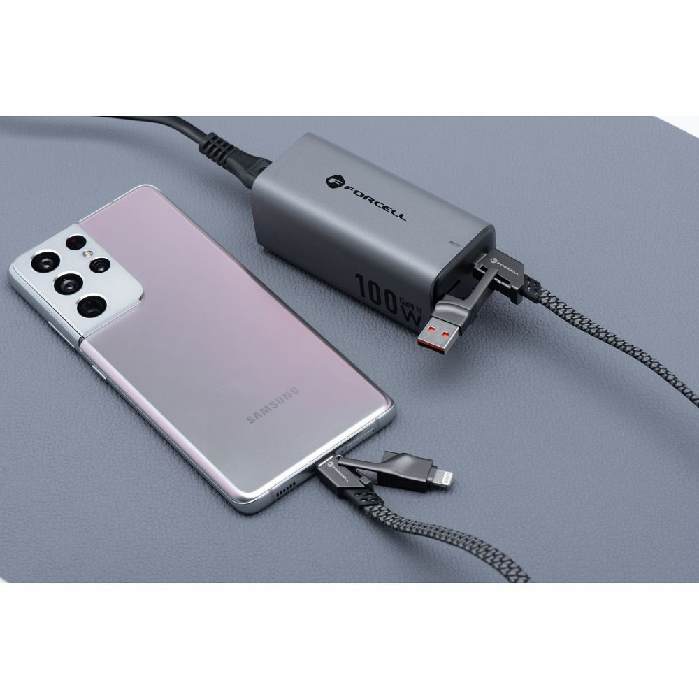 Cablu 4in1 Forcell F-Energy USB-C USB-A la USB-C Lightning 60W PD QC 1M Chrome [2]