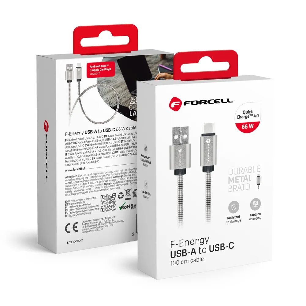 Cablu USB-A la USB-C Forcell F-Energy QC4.0 66W Metal C234 Silver 1M [2]