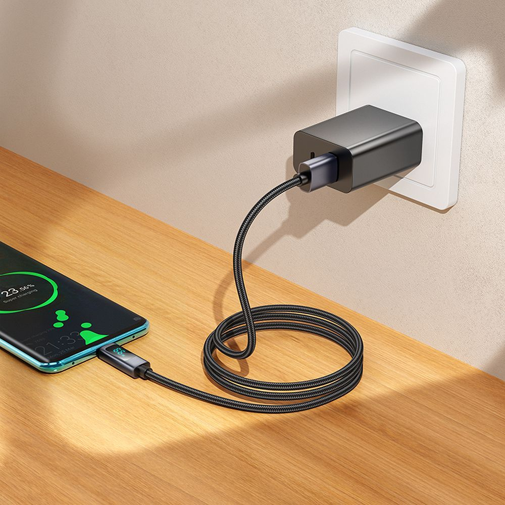 Hoco Cablu USB-A la USB-C X112, 5A, cu Afișaj LED, 1m, Negru [7]