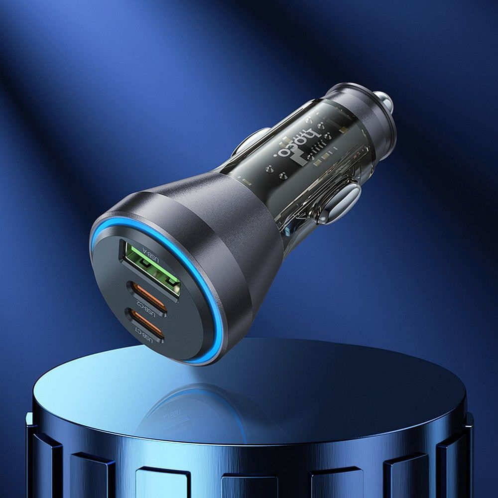 Încărcător auto HOCO USB A + 2 x Tip C + cablu Tip C la Lightning PD QC3.0 3A 60W - Transparent Negru [3]