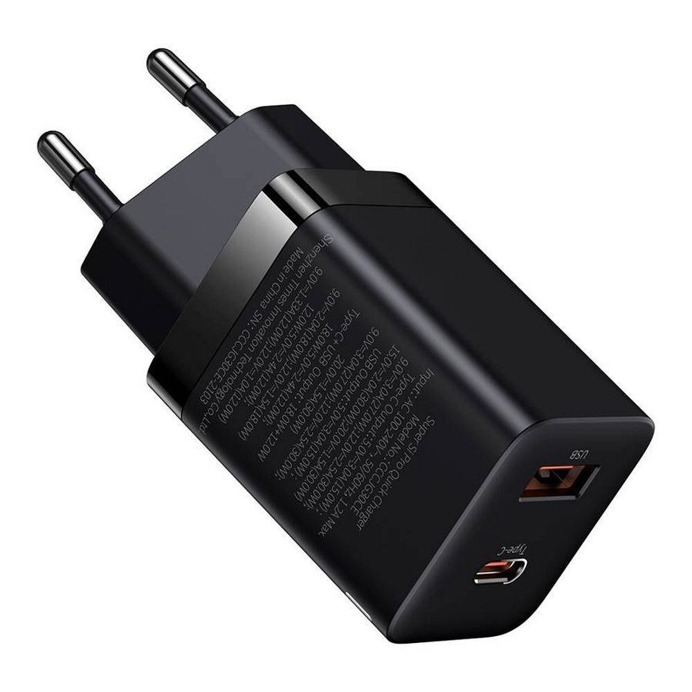 Încărcător Baseus USB-A + Type-C, PD QC3.0, 30W, CCSUPP-E02, Negru [0]