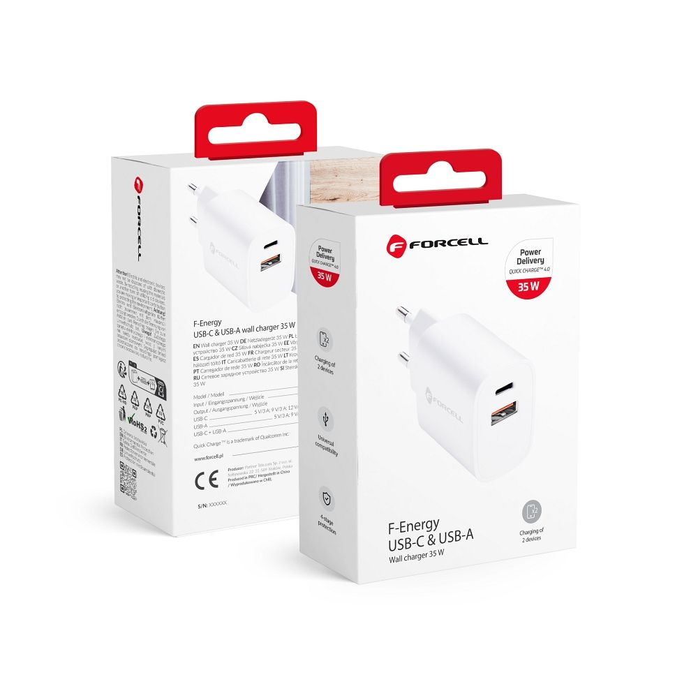 Încărcător de Călătorie Forcell F-Energy, Type-C + USB-A, 35W, PD & QC 4.0, Alb [1]