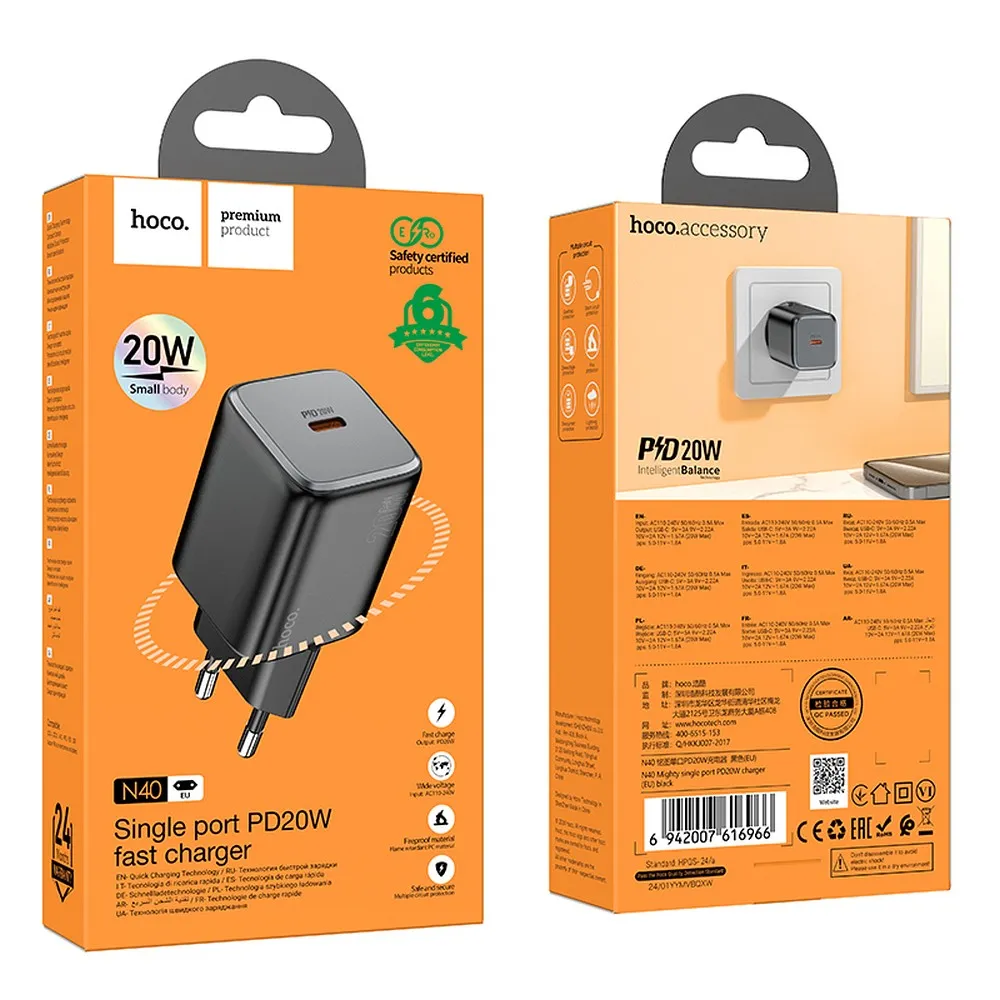 Încărcător de rețea HOCO N40 (USB-C, QC / PD 20 W, negru) [3]