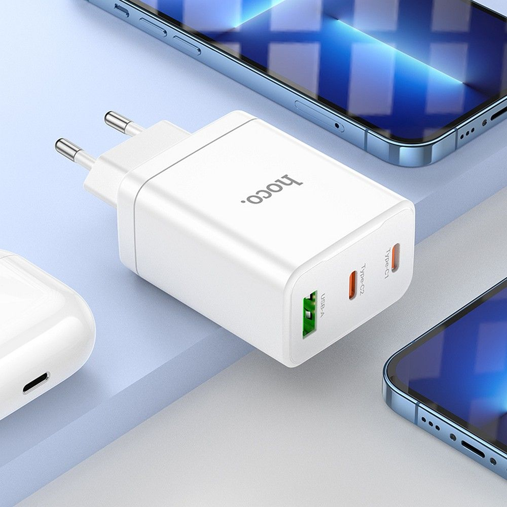 Incarcator HOCO 2 x Tip C + USB A PD QC3.0 3A 35W N33 alb [6]