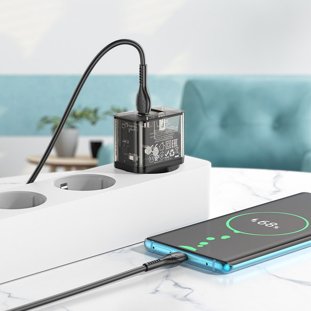 Incarcator Hoco 20W USB-A + USB-C cu Cablu USB-C la USB-C N34 Transparent [1]