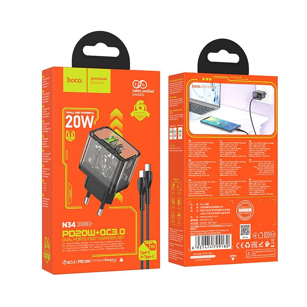 Incarcator Hoco 20W USB-A + USB-C cu Cablu USB-C la USB-C N34 Transparent [7]