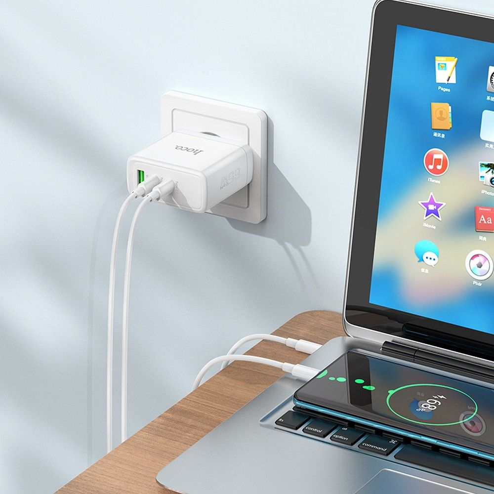 Încărcător Hoco N30, 2 x Type-C + USB-A, QC PD, 65W, Alb [8]
