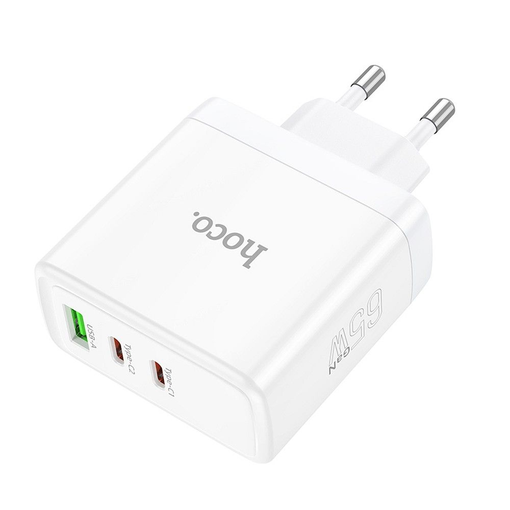Încărcător Hoco N30, 2 x Type-C + USB-A, QC PD, 65W, Alb [1]