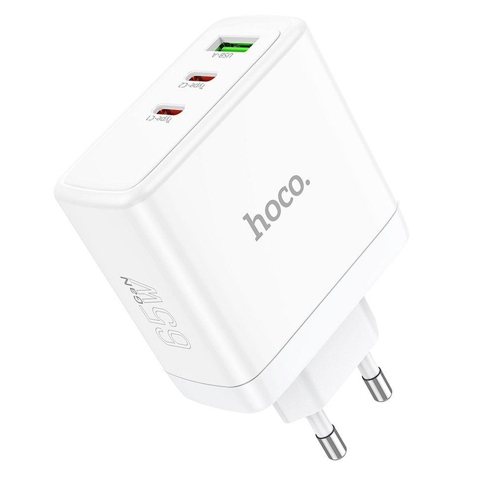Încărcător Hoco N30, 2 x Type-C + USB-A, QC PD, 65W, Alb [0]