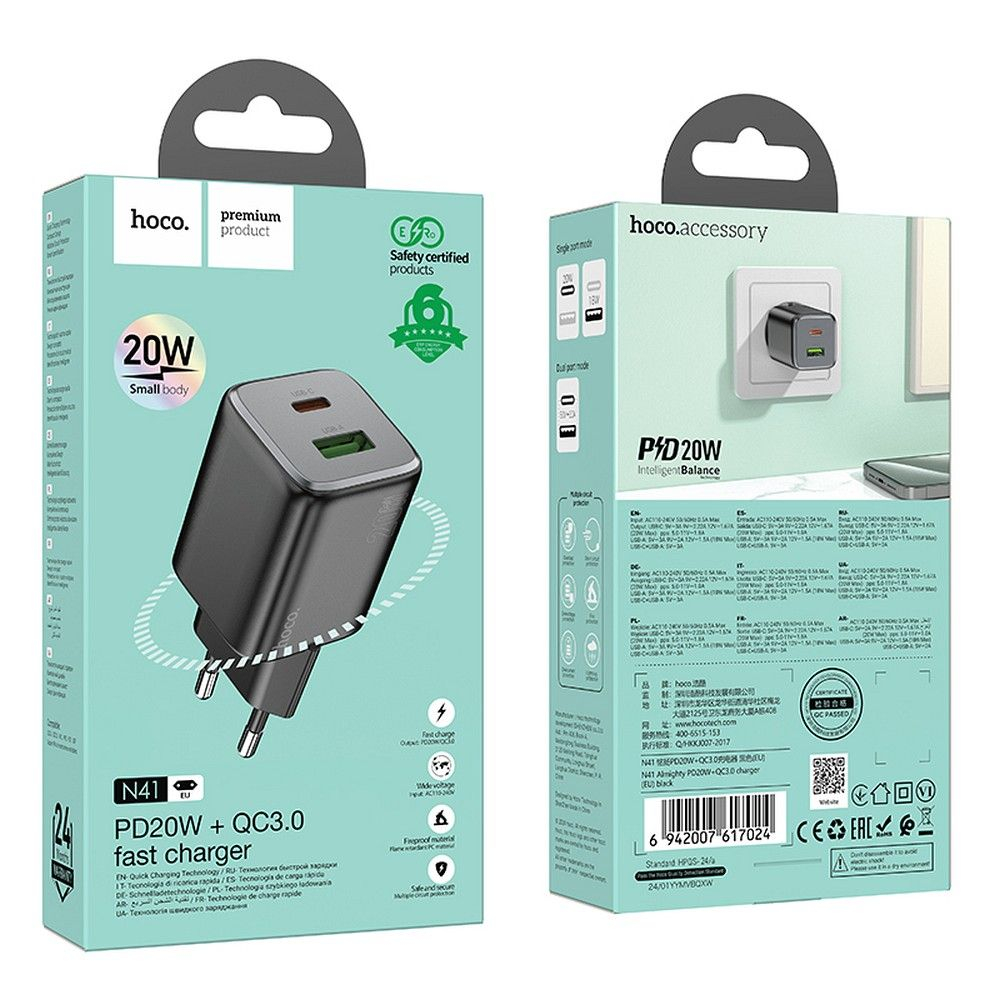 Încărcător Hoco USB-A + Type-C PD QC 3.0 20W N41, Negru [3]