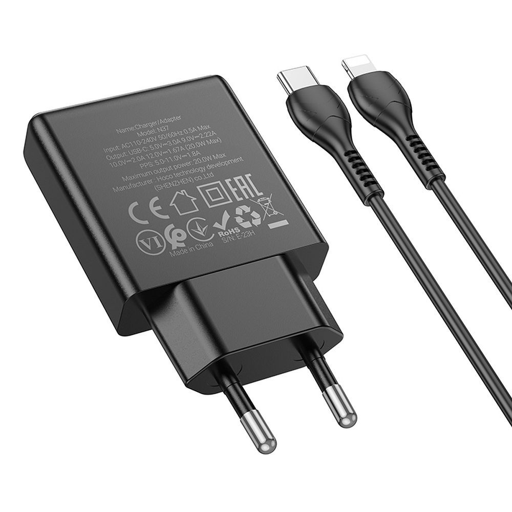 Încărcător Telefon HOCO N37, Slim, USB-C QC/PD 30W + Cablu USB-C to Lightning, Black [5]