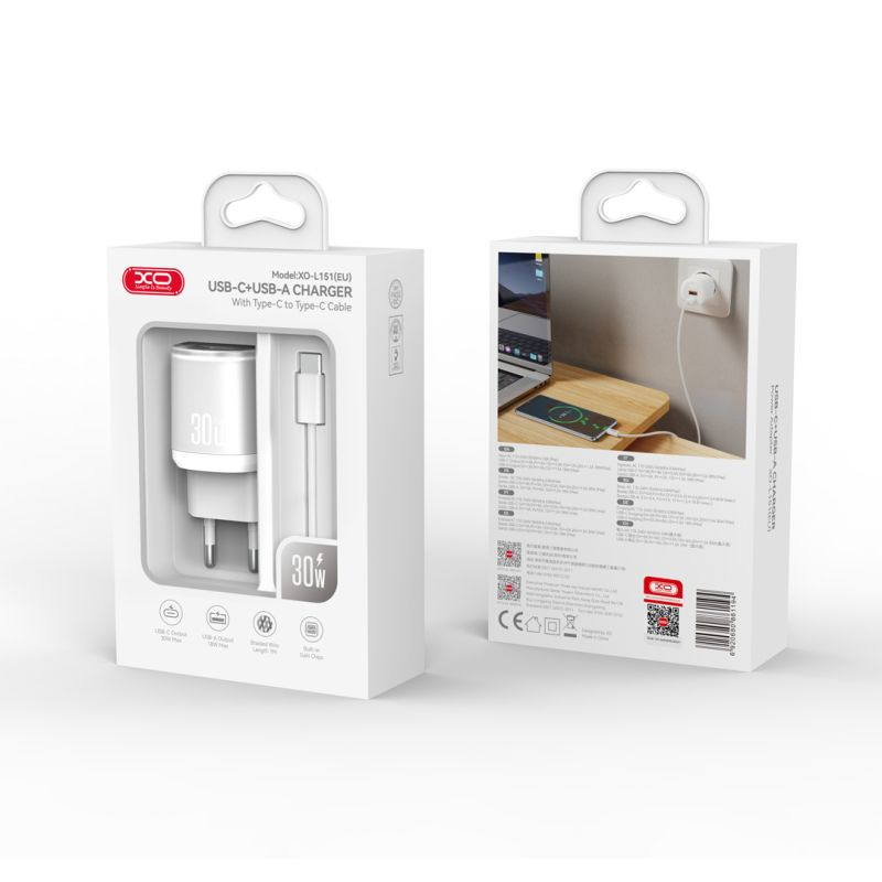 Încărcător XO L151 30W USB-A + USB-C cu Cablu Type-C - Fast Charge, Alb [1]