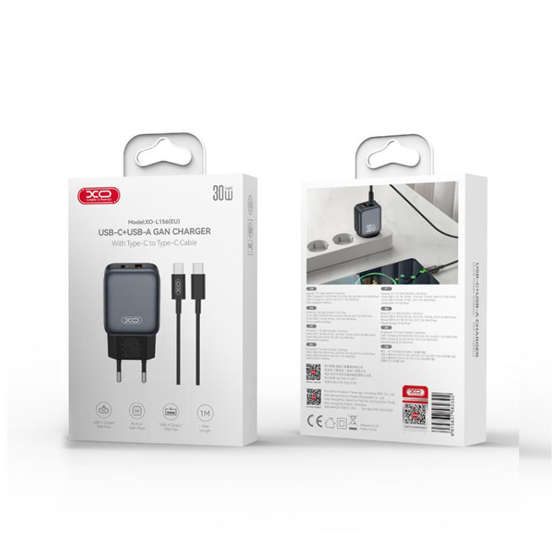 Încărcător XO L156 GaN 30W USB-A + USB-C cu Cablu Type-C - Fast Charge [2]