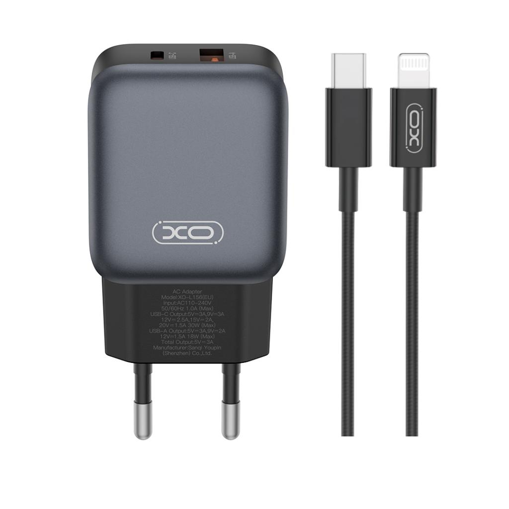 Încărcător XO L156 GaN 30W USB-A + USB-C cu Cablu Type-C - Lightning, Fast Charge [0]