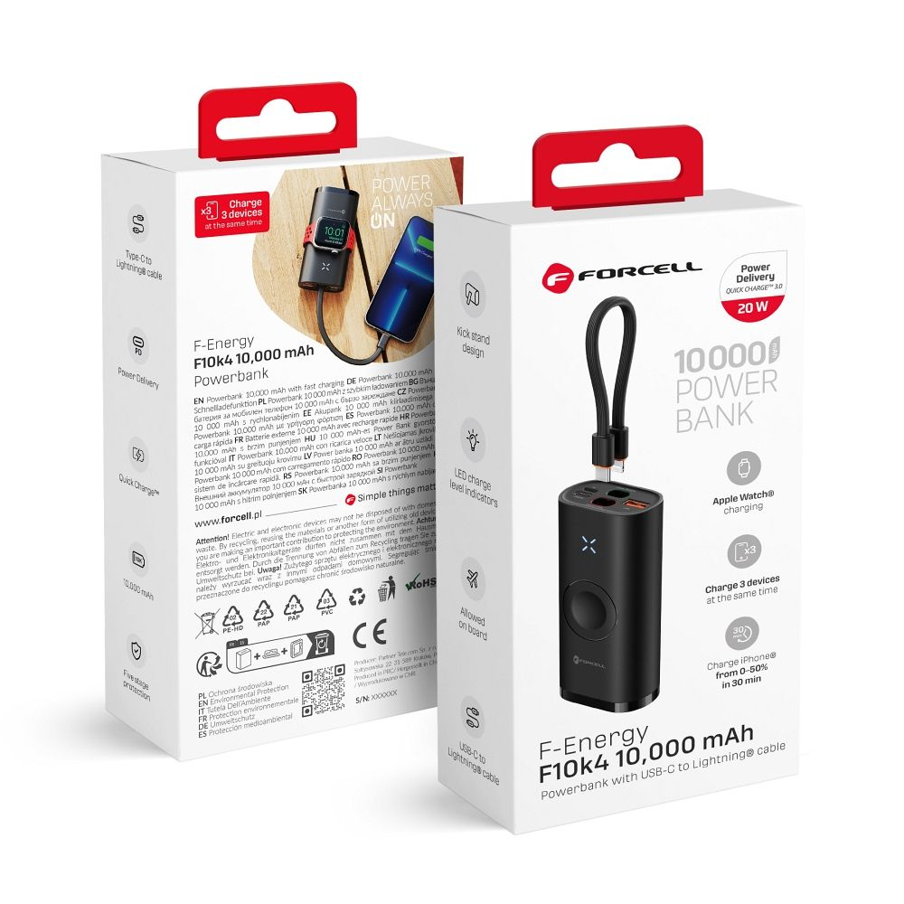 Power Bank Forcell F-Energy F10K4 10.000 mAh, 22.5W PD + QC 3.0, Compatibil Apple Watch, Negru – Încărcare Completă Oriunde [6]