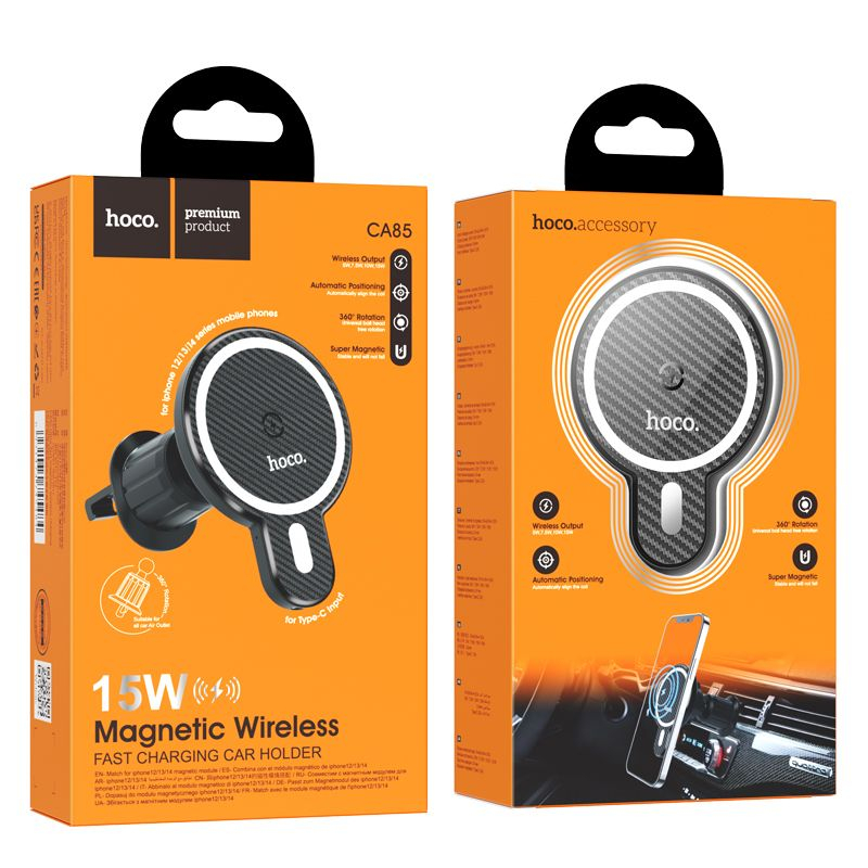 Suport Auto Hoco cu Încărcare Wireless, Compatibil MagSafe, pentru Grila de Ventilație, 15W, CA85, Negru [5]