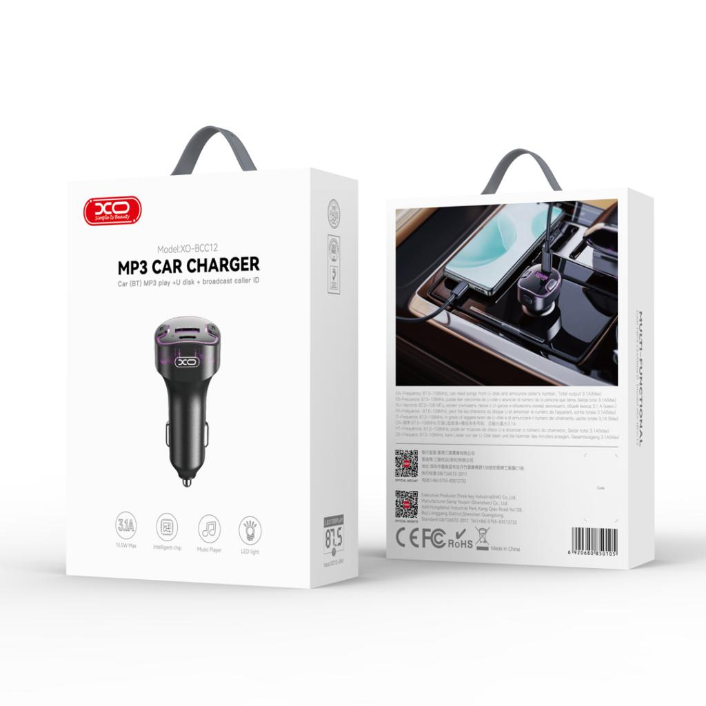 XO MP3 Wireless FM Transmitter 15.5W QC, USB-A + USB-C, lumină ambientală mov, negru (model BCC12) [2]