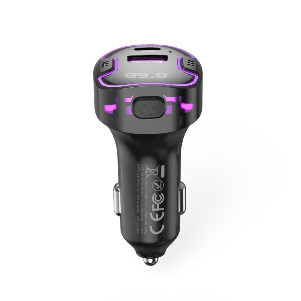 XO MP3 Wireless FM Transmitter 15.5W QC, USB-A + USB-C, lumină ambientală mov, negru (model BCC12) [1]