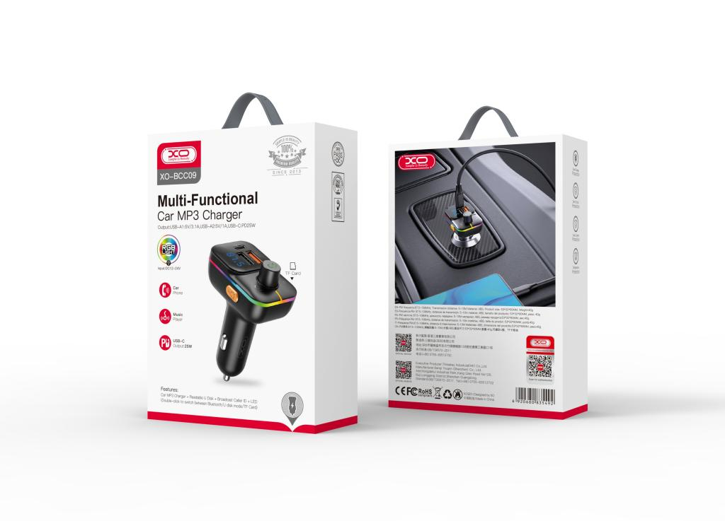 XO MP3 Wireless FM Transmitter 25W QC, USB-A + USB-C + slot TF Card, lumină ambientală, negru (model BCC09) [2]