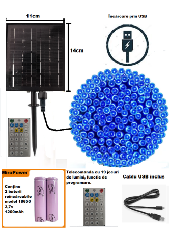 Instalatii Craciun Solare - Instalatie solara 50m 500 leduri albastra panou solar mare L, USB