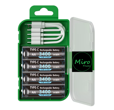Set 4 baterii  Li-ion  AA 1.5v 3400mWh Miro Power cu incarcare USB, cablu USB inclus [0]