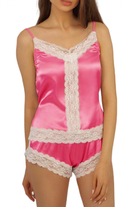 Set pijama doua piese cu insertii dantela, maiou si pantaloni scurti S-21roz inchis [1]