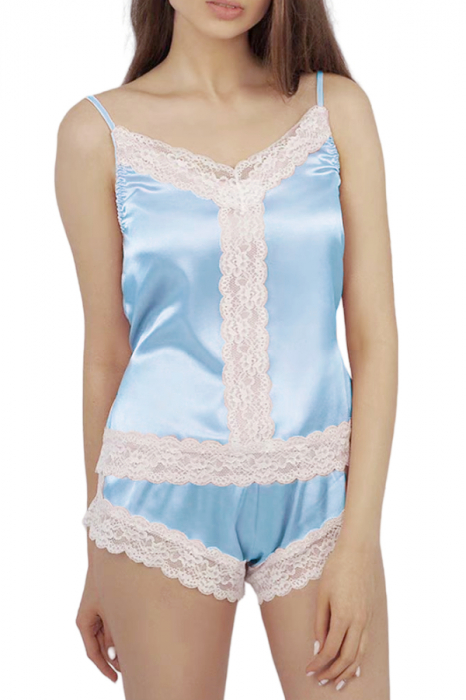 Set pijama doua piese cu insertii dantela, maiou si pantaloni scurti S-21albastru [1]