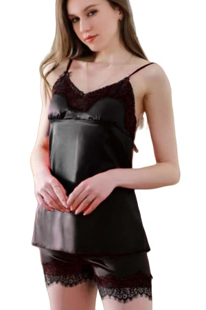Set pijama doua piese cu insertii dantela, maiou si pantaloni scurti S-410negru [1]