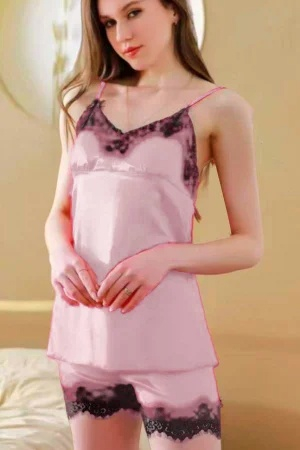 Set pijama doua piese cu insertii dantela, maiou si pantaloni scurti S-410roz deschis [2]