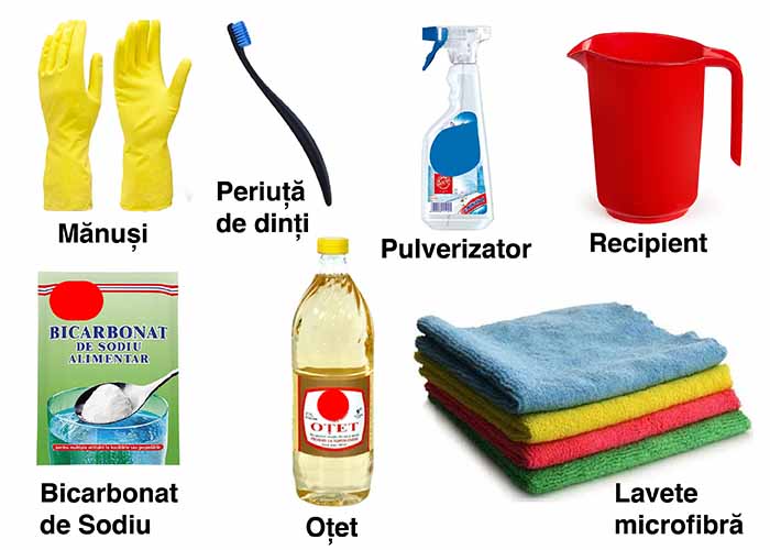 Unelte necesare pentru curatare masina de spalat rufe cu otet si bicarbonat