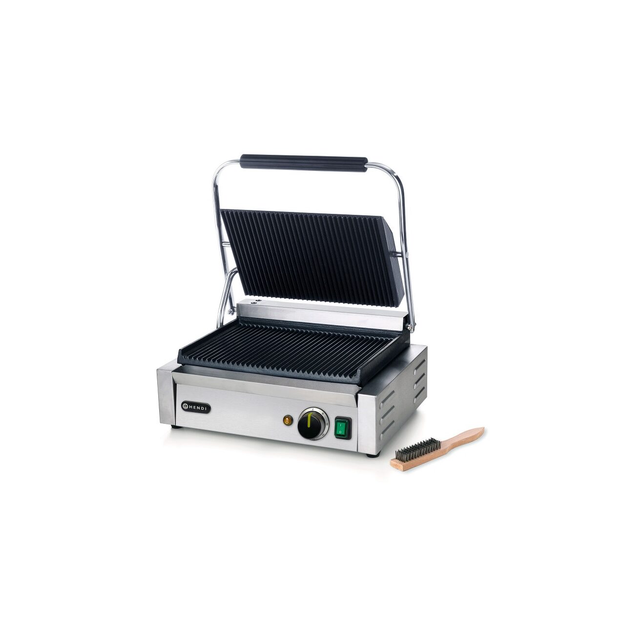 Contact grill Panini, profesional, Hendi, 2200W, partea superioara si cea inferioara striate, din fonta cu invelis ceramic, suprafata grill 340 x 230 mm [1]