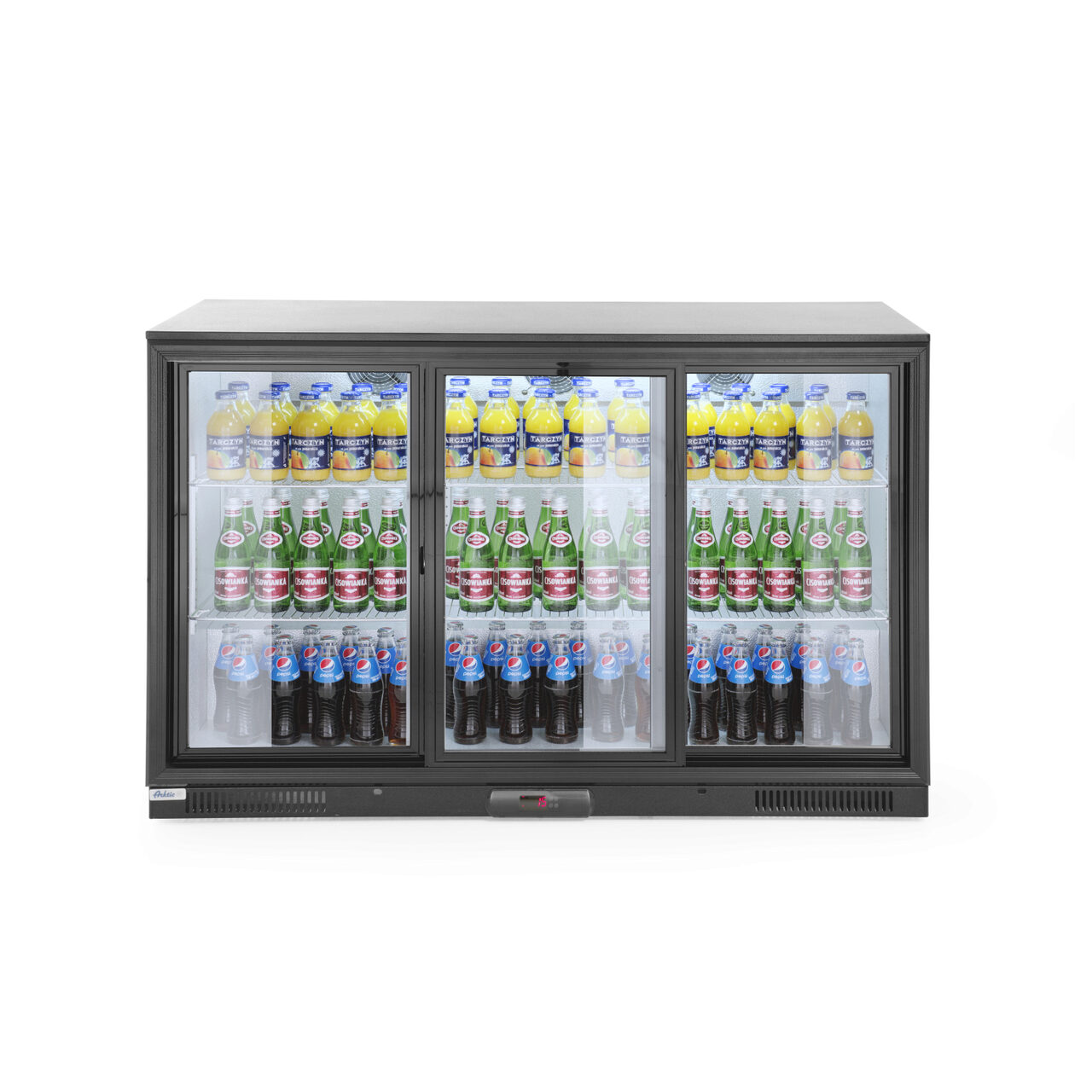 Vitrina frigorifica de prezentare 3 usi glisante interval temperatura 2/10?C, 300 W, corp inox, ARKTIC by Hendi, 1335x500x(h)900 mm 338 Litri, Clasa energetica E [3]