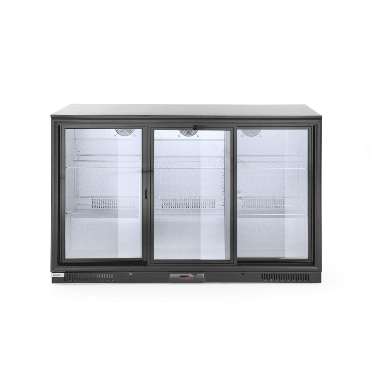 Vitrina frigorifica de prezentare 3 usi glisante interval temperatura 2/10?C, 300 W, corp inox, ARKTIC by Hendi, 1335x500x(h)900 mm 338 Litri, Clasa energetica E [1]