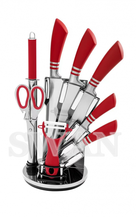 Set Cuțite Bucătărie din Inox cu Suport Rotativ – 8 Piese – Roșu Intens [1]