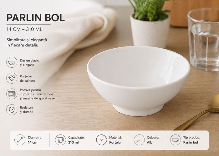 Bol de Ciorbă Parlin din Porțelan Alb – 14 cm, 310 ml [2]