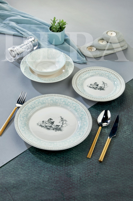 Set de Masa din Portelan Hera Vintage Blue – 24 Piese cu Ilustrație Clasică și Bordură Pastelată [1]