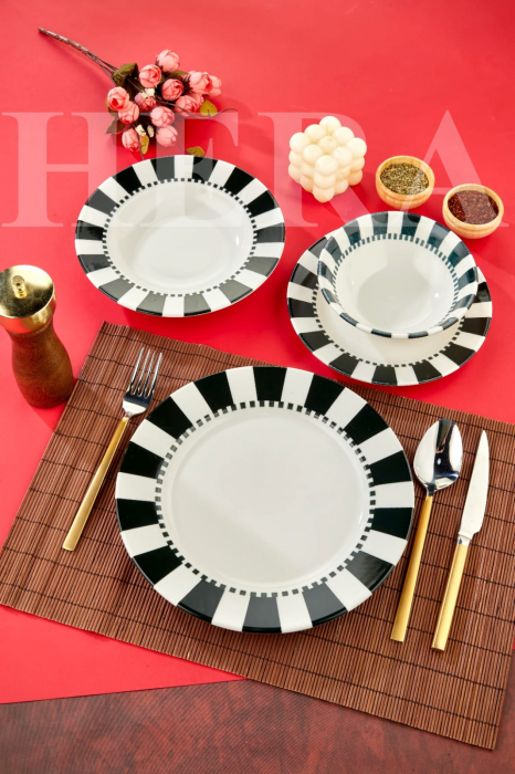Set de Masa din Porțelan Hera Op-Art – 24 Piese cu Model Geometric Alb-Negru [1]