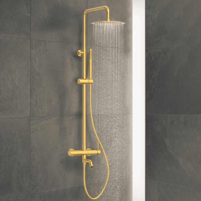 Baterie De Dus, Balneo, Corp Din Otel Inoxidabil Aisi 304, Cartus Ceramic, Diametru 35 mm, Dus Rotativ 90° Cu Comutator De Functii, Perlator Economisitor De Apa, 150 mm x 560 mm x 1016 mm, Aurit [2]