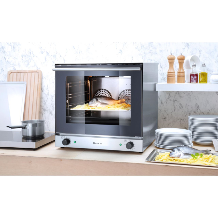 Cuptor convectie Hendi H90, 4 tavi 438x315 mm incluse, 2 elemente incalzire, 2 ventilatoare, termostat reglabil 50-300 gr C, timer 0-120 min, 2670 W,595x624x(H)572mm [9]