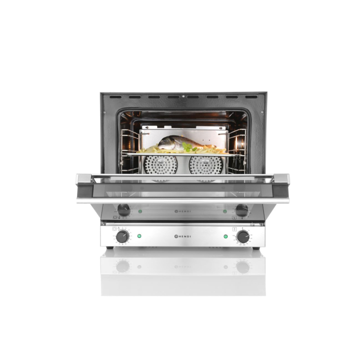 Cuptor convectie Hendi H90, 4 tavi 438x315 mm incluse, 2 elemente incalzire, 2 ventilatoare, termostat reglabil 50-300 gr C, timer 0-120 min, 2670 W,595x624x(H)572mm [10]