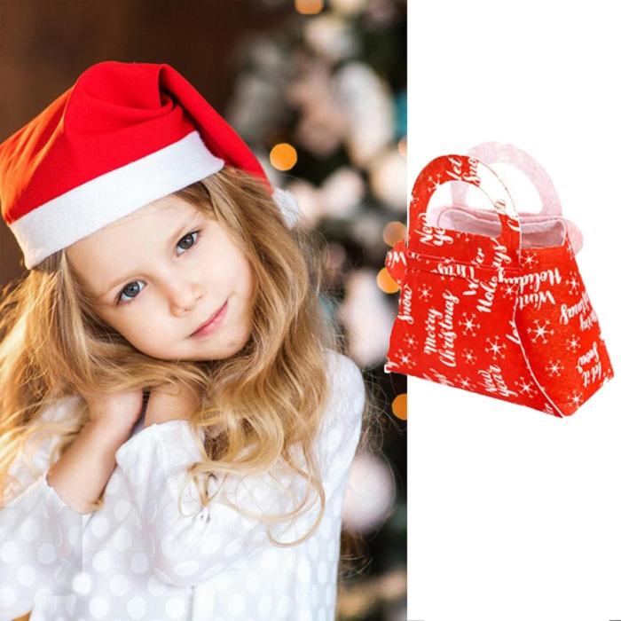Geanta pentru Copii, Pliabila, pentru Cadouri de Craciun, din Panza Netesuta, Merry Christmas, 13 x 12 x 6 cm, Rosu [6]