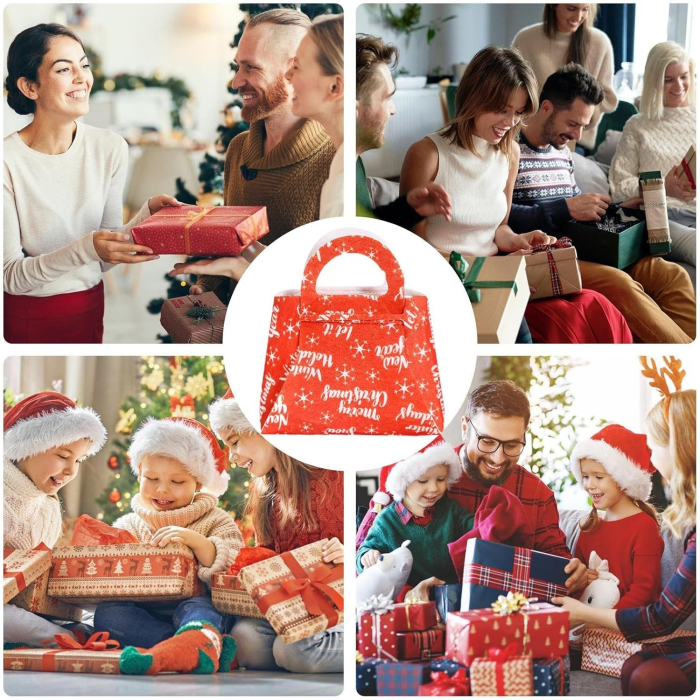 Geanta pentru Copii, Pliabila, pentru Cadouri de Craciun, din Panza Netesuta, Merry Christmas, 13 x 12 x 6 cm, Rosu [2]