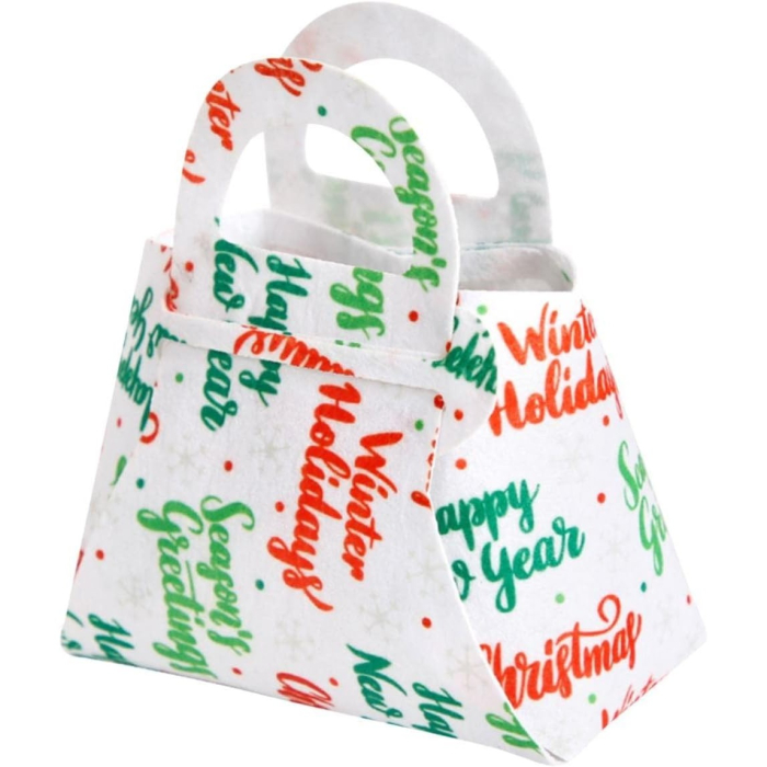 Geanta pentru Copii, Pliabila, pentru Cadouri de Craciun, din Panza Netesuta, Mesaje de Craciun, 13 x 12 x 6 cm, Alb [9]