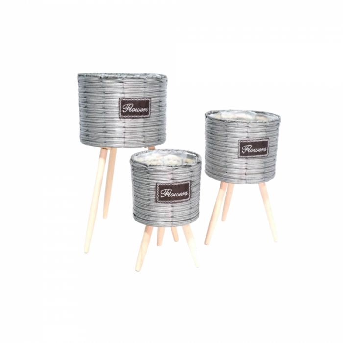 Ghivece Decorative pe Suport 3 Buc / Set– Design Modern cu Elemente din Lemn, Metal și PVC [3]